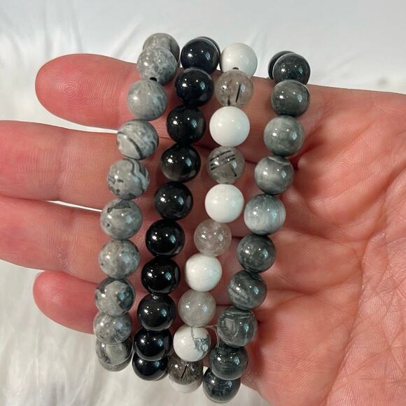 Black & White Crystal Bracelet Stack- Jasper, Obsidian & Black Tourmaline + more - Picture 4 of 4